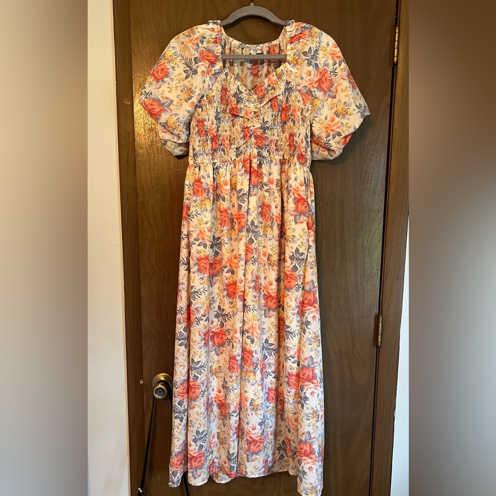 Polagram pink and blue floral smocked dress